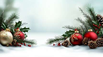 Christmas Background with Red and Gold Ornaments, Pinecones, and Evergreen Branches