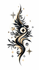 Elegant Black and Gold Floral Swirl Design with Stars on White Background