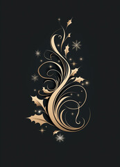 Elegant Gold Swirl and Holly Design on Dark Background with Snowflakes