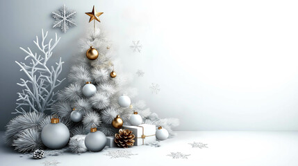 White Christmas Tree with Gold and Silver Ornaments in Minimalist Holiday Setting with room for copy