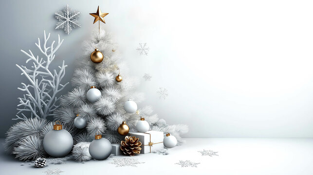 White Christmas Tree with Gold and Silver Ornaments in Minimalist Holiday Setting with room for copy