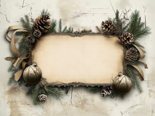 Vintage Christmas Banner with Pinecones, Evergreen, Ornaments, and Ribbon on Antique Paper Background