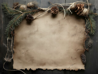Rustic Christmas Scroll with Pinecones and Twine on Vintage Paper Background