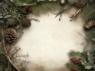 Vintage Christmas Frame with Pinecones, Holly, and Evergreen Branche