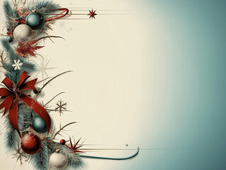 Vintage Christmas Background with Red Ribbon, Ornaments, and Snowflakes
