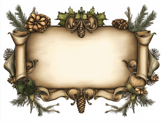 Vintage Christmas Scroll Banner with Pinecones and Evergreen Foliage