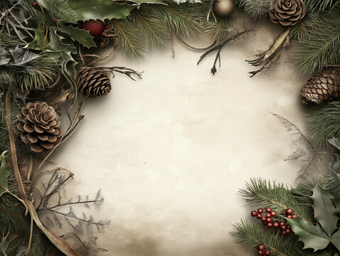 Vintage Christmas Frame with Pinecones, Holly, and Evergreen Branche