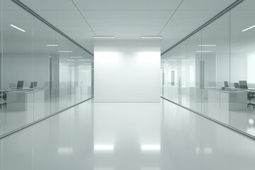 Modern office hallway with glass walls and a blank white wall at the end.