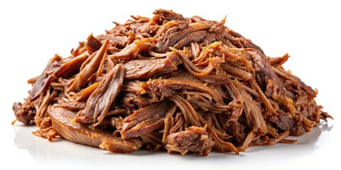 Obraz premium Pulled beef on white background at a tilted angle