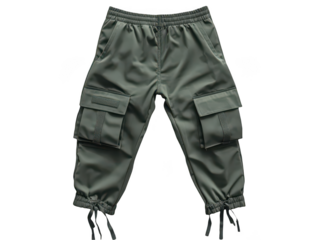 Olive green cargo pants with large pockets and adjustable drawstrings.