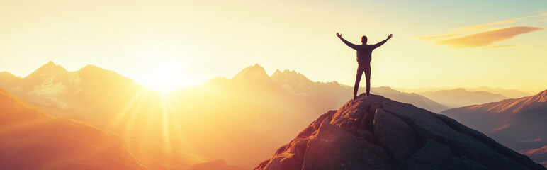 Silhouette of a man standing on top of a mountain with raised arms at sunrise, symbolizing freedom, success, and personal achievement