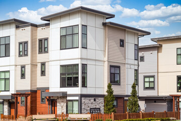 New Modern Apartment Buildings in Vancouver BC. Canadian modern residential architecture with walkway.