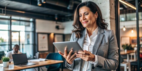 Latin mature adult professional business woman looking at online trade app. European businesswoman CEO holding digital tablet using tab application standing at workplace in office. Banner, copy space