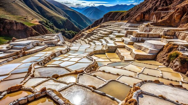 Salt mines at Maras in Sacred Valley of the Incas with blurred background