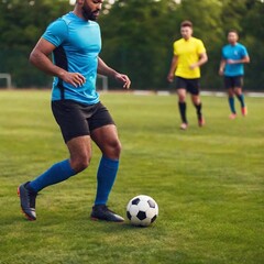 Eye-level close-up of a multiracial male soccer player juggling the ball with his knees, with deep focus capturing the full field and teammates practicing in the background