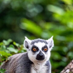 Naklejka premium A close-up shot of a curious lemur peering through the foliage, with soft focus highlighting the texture of its large eyes and fur while the surrounding leaves are softly blurred