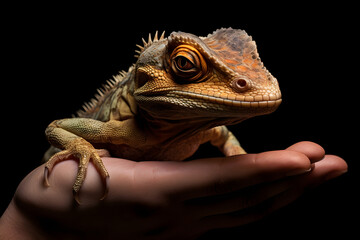 Fototapeta premium lizard sitting on a human hand, gecko lizard