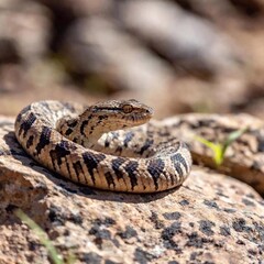 Fototapeta premium snake camouflaged against a rocky surface, with its intricate patterns blending into the environment, only its piercing eyes in sharp focus, while the rocks around it fade into a soft blur