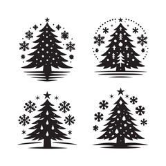 Christmas Design Around Snowflake Tree Set with Silhouette Holiday Ornaments, Trees, and Stars