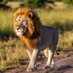 Obraz premium A macro photo of a lion crossing a sunlit savanna, deep focus on its silhouette against the bright background, high-angle shot capturing its full body, emphasizing its majestic stride and commanding