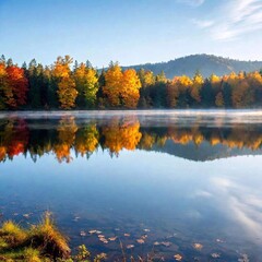 Obraz premium A tranquil lakeside scene with autumn trees reflecting in the calm water, surrounded by fallen leaves and a light mist rising from the surface