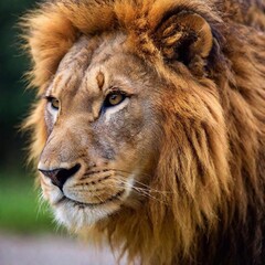 Fototapeta premium A close-up photo portrait of a lion in profile, deep focus on the curve of its nose and the texture of its whiskers, eye-level shot highlighting its elegant and fierce nature