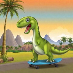 Fototapeta premium A playful cartoon dinosaur riding a skateboard through a prehistoric park with volcanoes and palm trees in the background