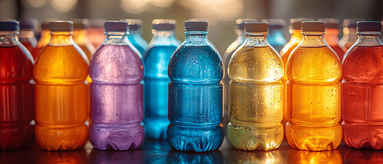 Colorful Plastic Bottles of Liquid Refreshment with Droplets