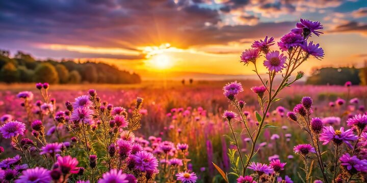 Purple and pink flowers in a meadow with a sunset background, capturing the autumn fall vibe