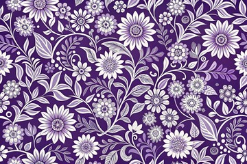 Purple and white floral seamless pattern with detailed flowers and leaves Wide-Angle