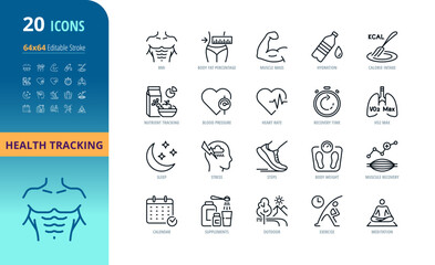 Health & Wellness Metrics Icons Set - 20 Vector Icons, Editable Stroke, Fitness Tracking & Body Health Indicators