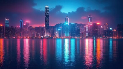 Fototapeta premium futuristic cityscape at night filled with illuminated skyscrapers vibrant lights reflecting off surfaces creating a dazzling urban landscape rich with energy and innovation