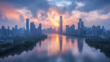 futuristic cityscape dominated by sleek towering skyscrapers with a winding river reflecting a cloudy sky emphasizing the blend of nature and modern architecture