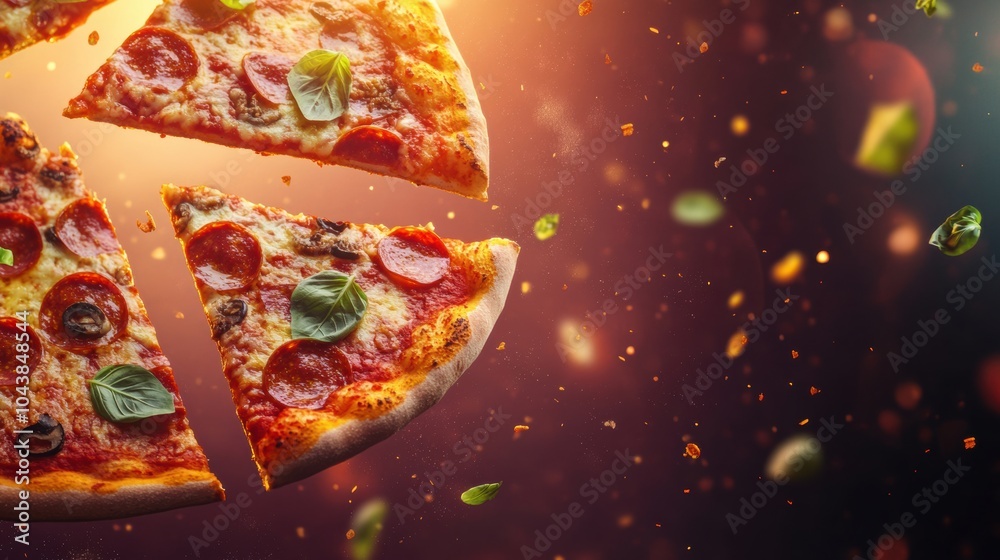 Fototapete flying slices of pepperoni pizza spin through a colorful backdrop, creating an exciting atmosphere p