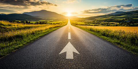Asphalt Road Symbolism, Long, asphalted road with upward arrows. Symbolizes growth, development, success .Ideal for themes of progress, ambition, and continuous improvement.