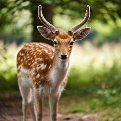 Naklejka na ściany i meble A medium shot of a deer in a forest clearing, with rack focus transitioning from the deer's elegant antlers in the foreground to the softly focused, sun-dappled forest in the background