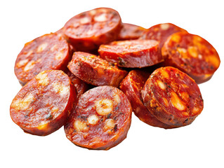 Slices of spicy, smoked Spanish chorizo sausage displayed on a white background.
