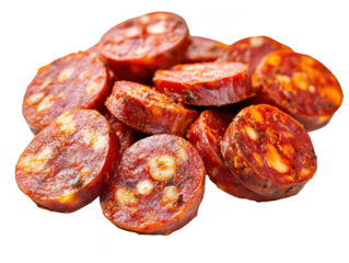 Slices of spicy, smoked Spanish chorizo sausage displayed on a white background.