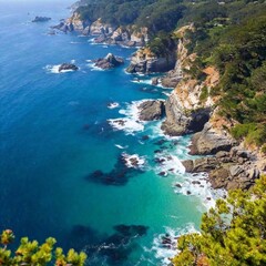 Obraz premium Aerial View of a Summer Coastal Cliffs: An extreme wide shot photo of dramatic coastal cliffs with waves crashing against them. Rack focus highlights the cliffs and the narrow beach below, while the
