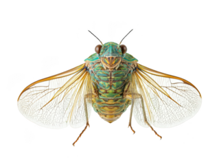 Close-up of a vibrant green cicada with detailed wings isolated on a white background.