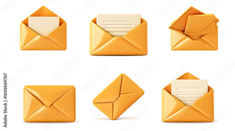 Poster Set of Open Mail Icons in Yellow on a Transparent Background Generative AI