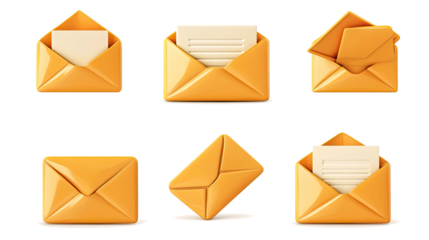 Set of Open Mail Icons in Yellow on a Transparent Background Generative AI