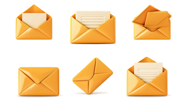 Set of Open Mail Icons in Yellow on a Transparent Background Generative AI