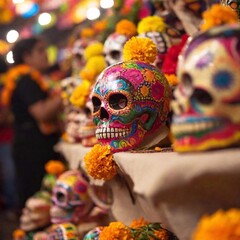 Fototapeta premium extreme macro A lively Dia de los Muertos street scene with stalls selling colorful decorations, including calaveras, papel picado, and marigold wreaths, set against a backdrop of festive lights and