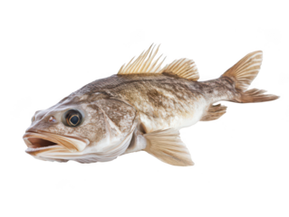 Close-up of a brown fish with distinct spines and open mouth, isolated on white background.