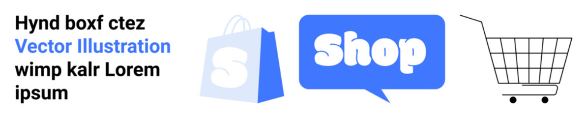 Online shopping bag with an S, speech bubble with Shop, and shopping cart. Ideal for e-commerce sites, online stores, retail promotions, digital marketing, and web design. Simple, modern style