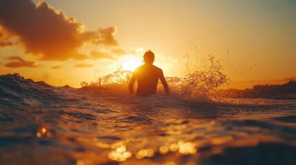 Silhouette of a person wading through ocean waves at sunset.
