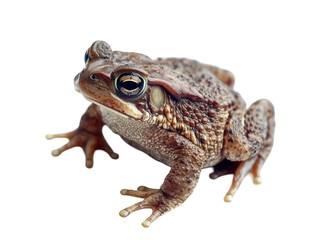 Fototapeta premium Detailed close-up of a textured brown toad isolated on white background.