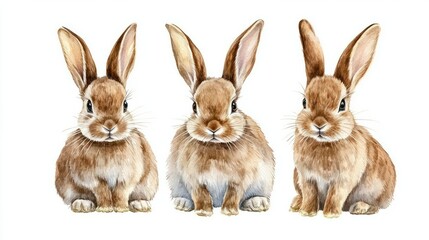 Obraz premium Collection of three watercolour paintings of brown cute rabbits isolated on white background, animal clipart bundle.