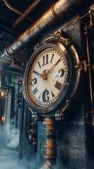 Steampunk Clock: An intricate, vintage clock with a brass and copper finish sits mounted on a brick wall amidst a network of pipes. The clock face is visible with roman numerals.